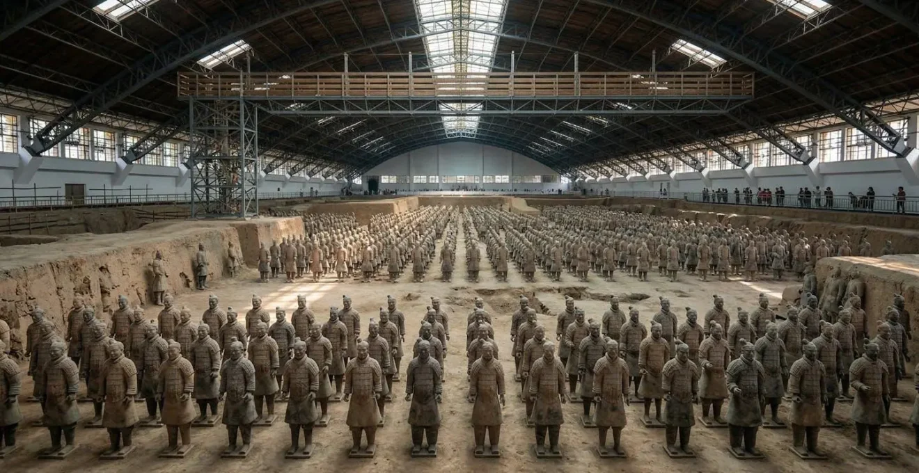 Vue panoramique de l'armée de terre cuite dans la fosse principale avec des milliers de guerriers alignés en formation