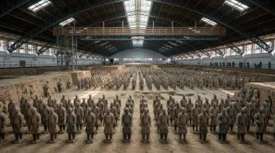 Vue panoramique de l'armée de terre cuite dans la fosse principale avec des milliers de guerriers alignés en formation