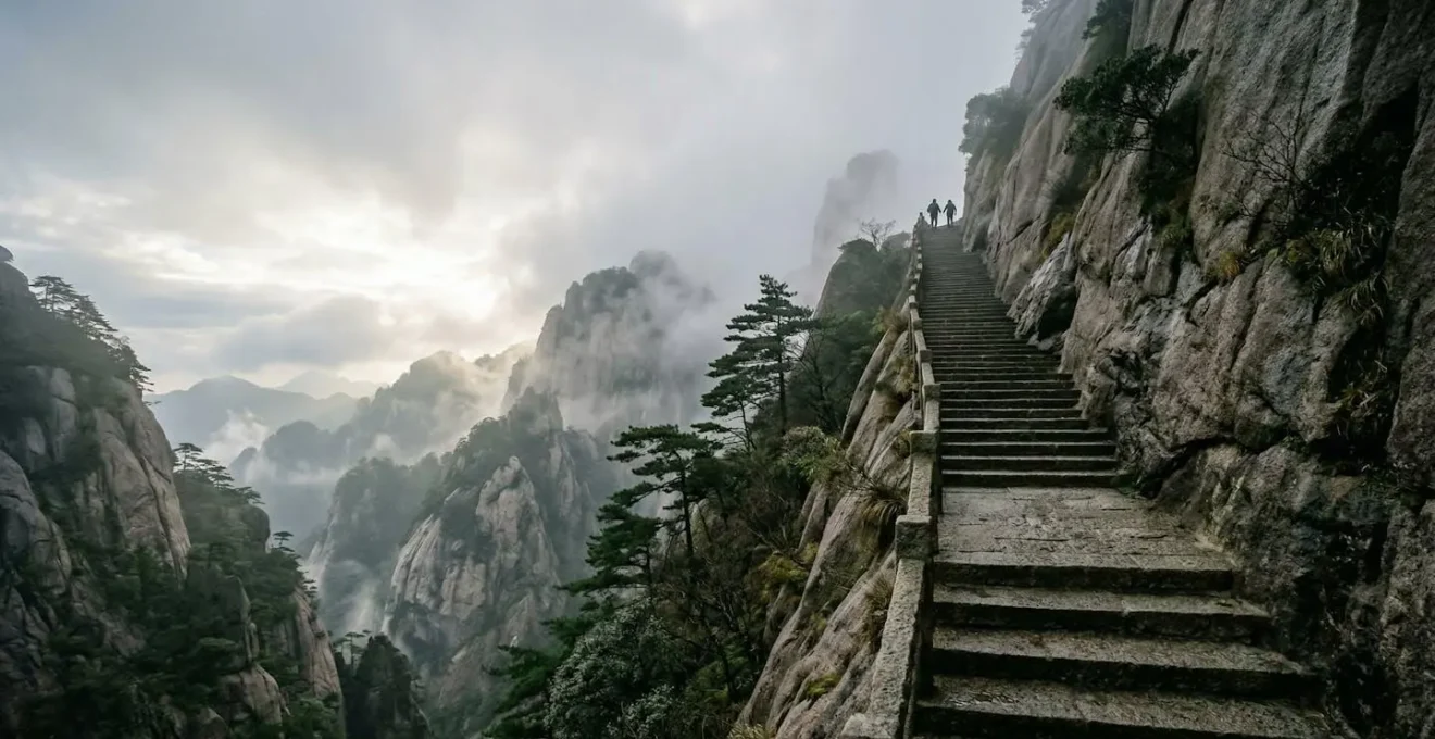 Pèlerins gravissant les marches de granit du mont Huangshan dans la brume matinale