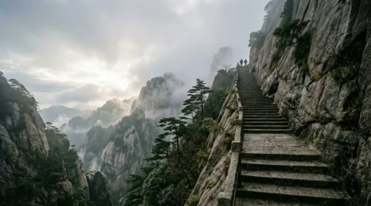 Pèlerins gravissant les marches de granit du mont Huangshan dans la brume matinale