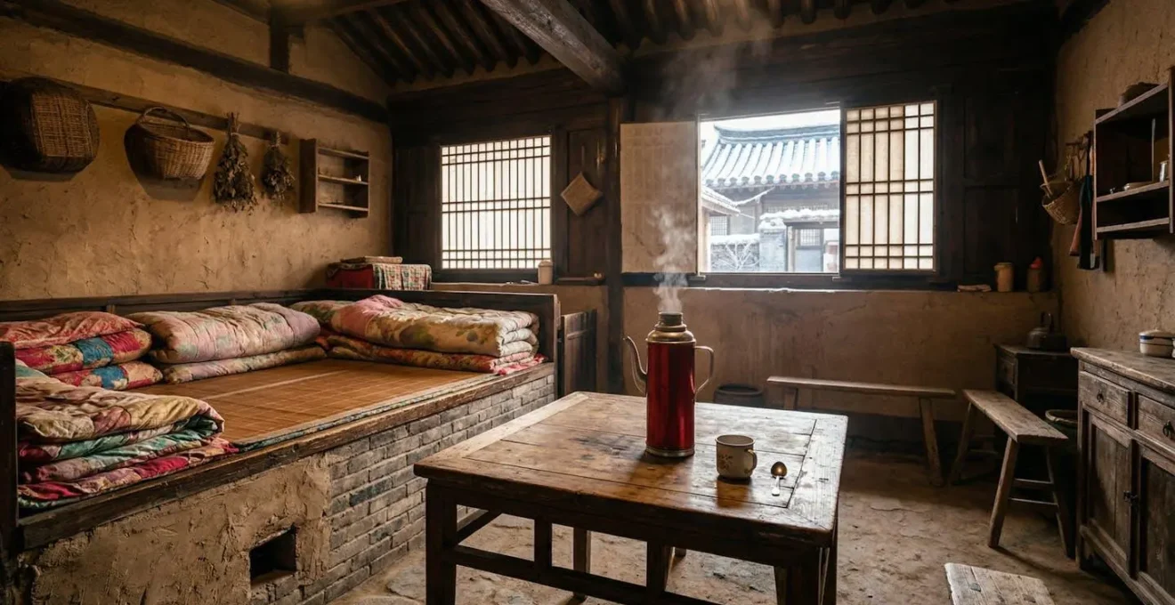 Intérieur d'une auberge traditionnelle chinoise en hiver avec thermos d'eau chaude et lit kang