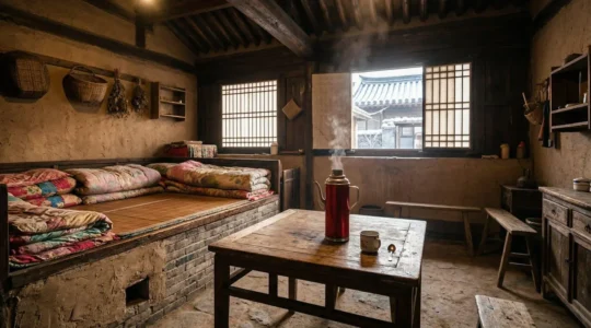 Intérieur d'une auberge traditionnelle chinoise en hiver avec thermos d'eau chaude et lit kang