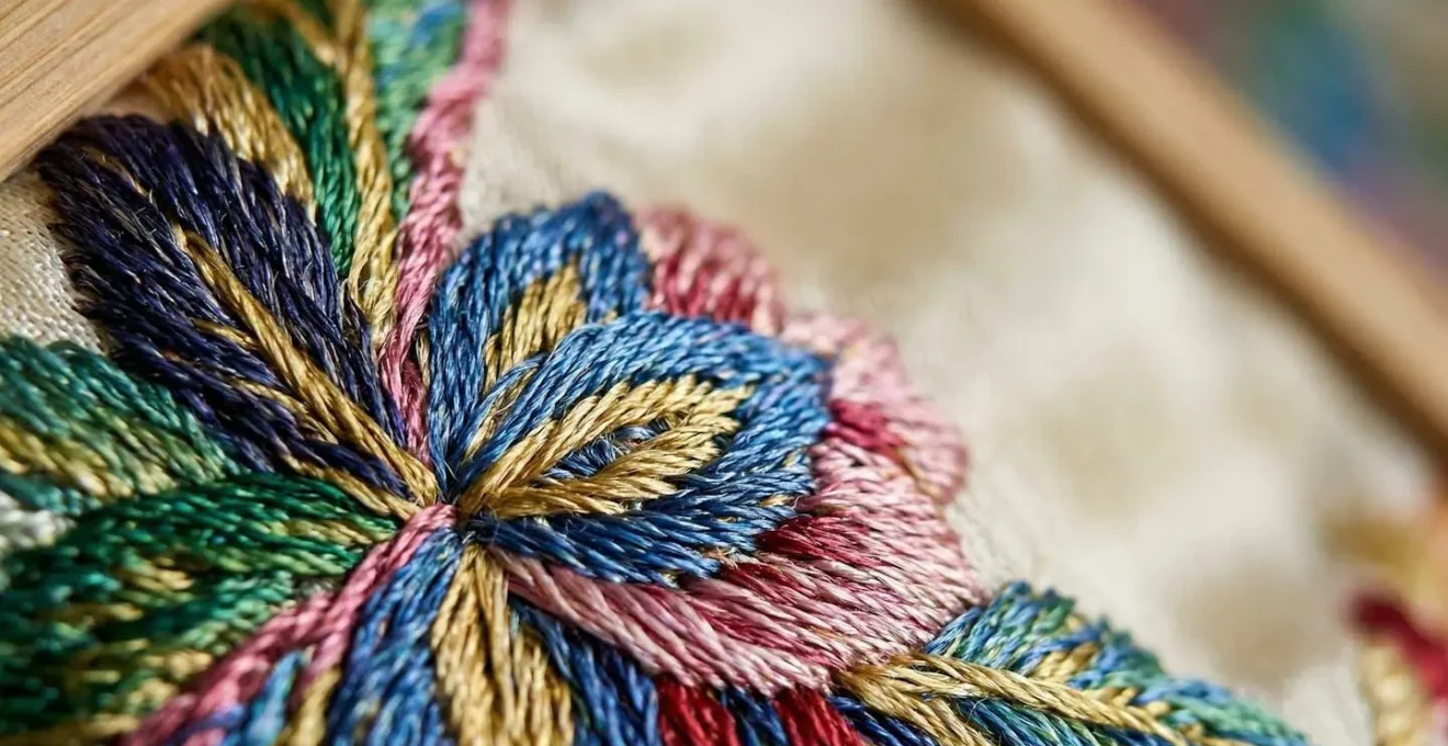 Gros plan sur une broderie de Suzhou montrant les fils de soie minutieusement tissés avec leurs nuances colorées et leur texture délicate