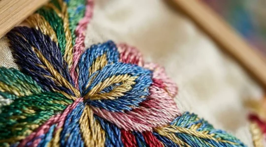 Gros plan sur une broderie de Suzhou montrant les fils de soie minutieusement tissés avec leurs nuances colorées et leur texture délicate