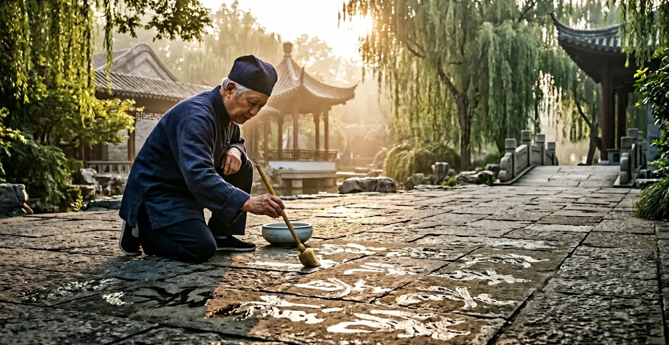 Calligraphe chinois pratiquant l'art éphémère de l'eau dans un parc au petit matin
