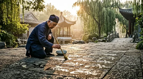Calligraphe chinois pratiquant l'art éphémère de l'eau dans un parc au petit matin