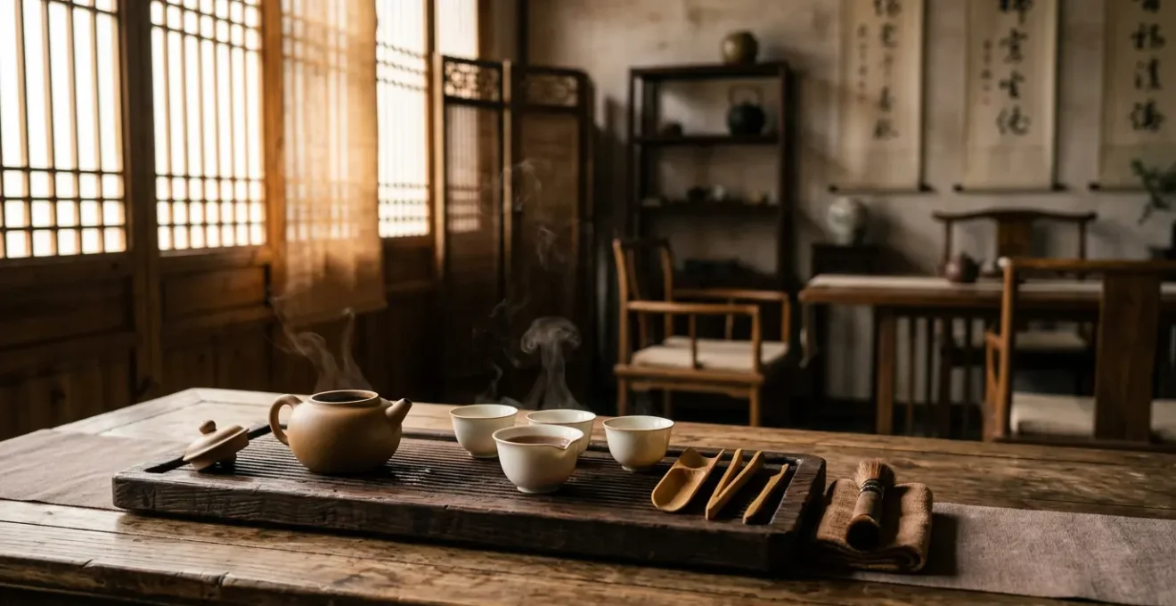 Cérémonie traditionnelle du thé Gongfu Cha avec théière en terre cuite de Yixing et petites tasses