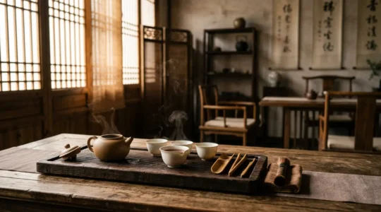 Cérémonie traditionnelle du thé Gongfu Cha avec théière en terre cuite de Yixing et petites tasses
