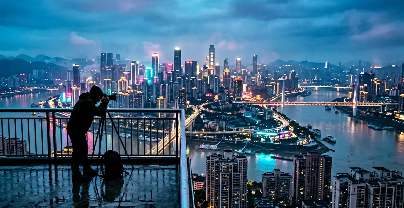 Photographe silhouetté capturant les tours illuminées de Chongqing la nuit, reflets colorés dans la brume urbaine