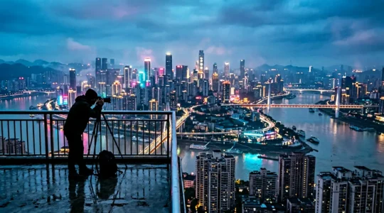 Photographe silhouetté capturant les tours illuminées de Chongqing la nuit, reflets colorés dans la brume urbaine