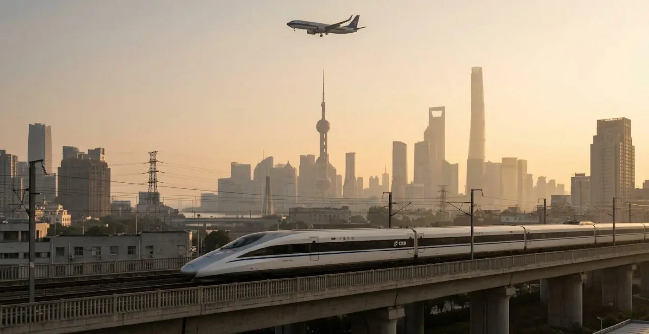 Vue panoramique montrant un train à grande vitesse CRH chinois moderne et un avion sur fond de skyline de Shanghai au crépuscule, symbolisant le choix du transport durable