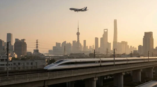 Vue panoramique montrant un train à grande vitesse CRH chinois moderne et un avion sur fond de skyline de Shanghai au crépuscule, symbolisant le choix du transport durable