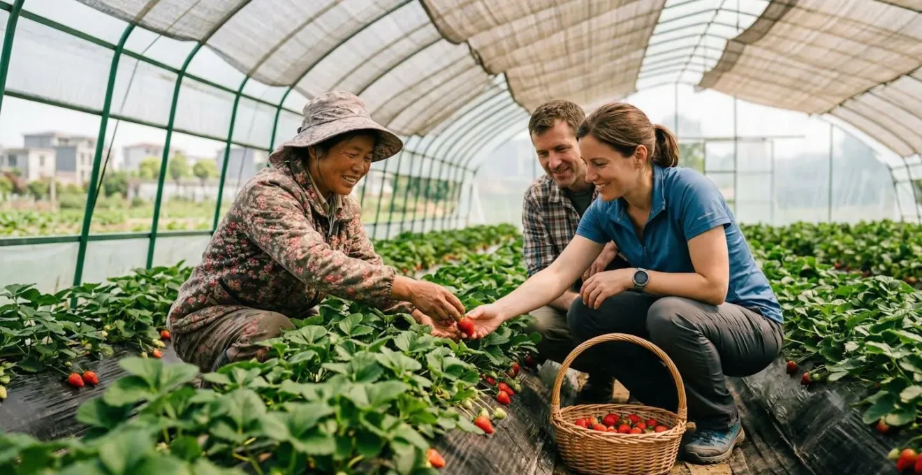 Cueillette de fraises dans une serre périurbaine chinoise avec visiteurs et producteur local