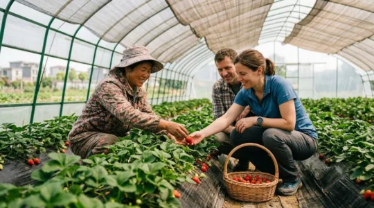 Cueillette de fraises dans une serre périurbaine chinoise avec visiteurs et producteur local