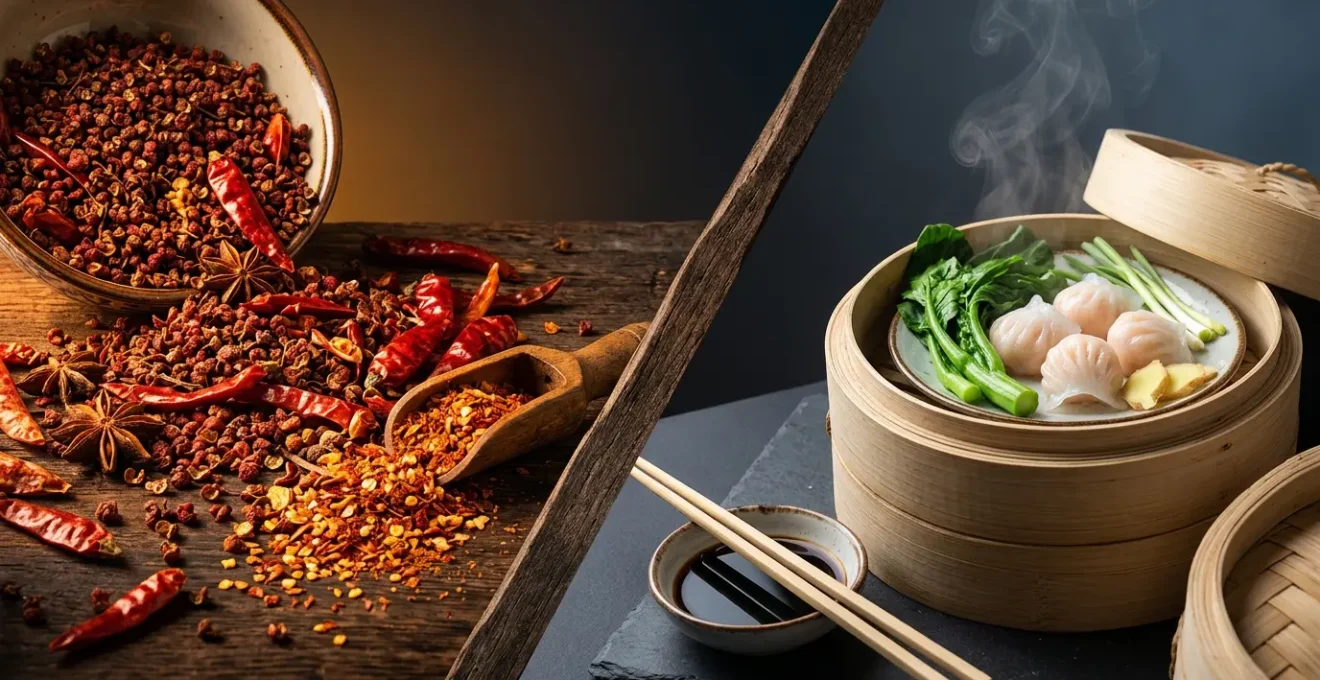Contraste entre la cuisine épicée du Sichuan avec poivre rouge et piments, et la cuisine délicate cantonaise avec dim sum vapeur