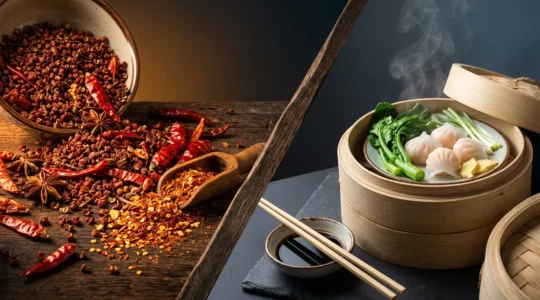 Contraste entre la cuisine épicée du Sichuan avec poivre rouge et piments, et la cuisine délicate cantonaise avec dim sum vapeur