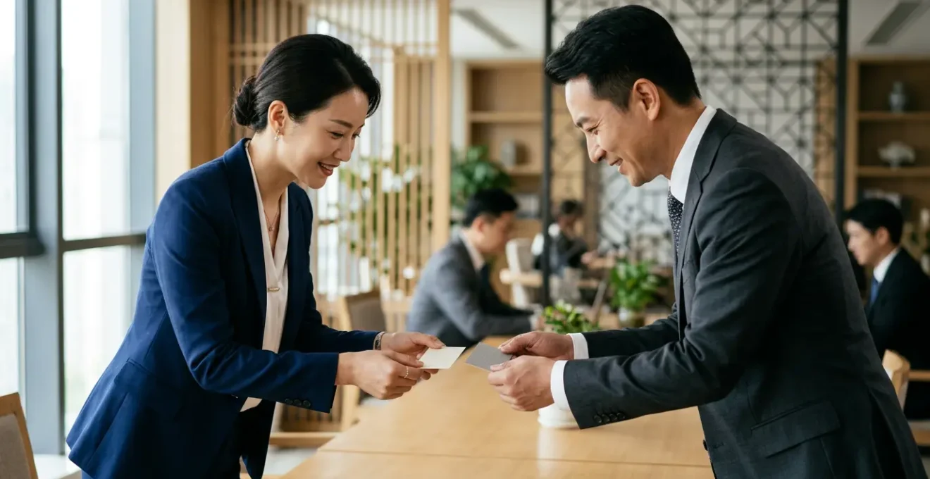 Échange formel de cartes de visite entre professionnels dans un bureau moderne avec architecture chinoise
