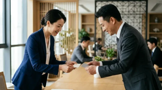 Échange formel de cartes de visite entre professionnels dans un bureau moderne avec architecture chinoise