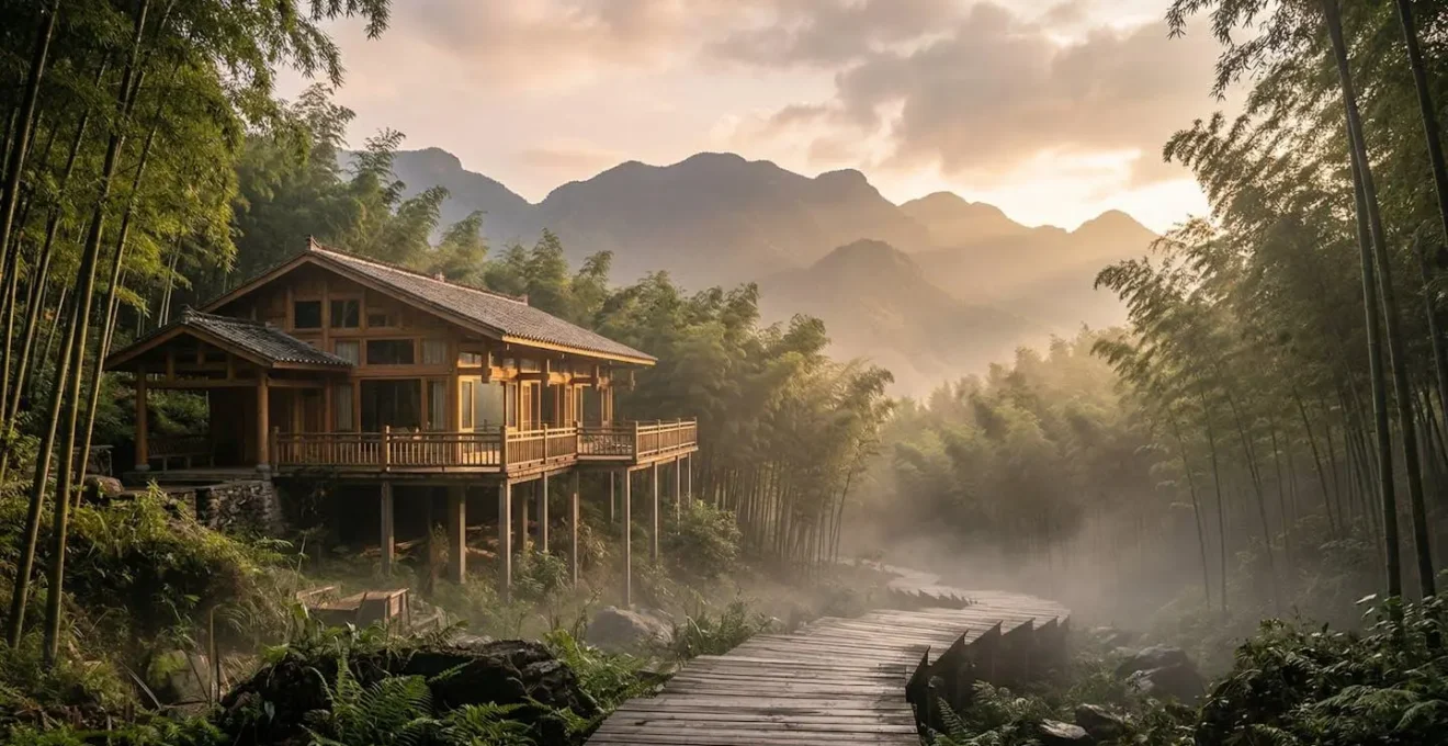 Vue panoramique d'un écolodge intégré dans la forêt de bambous du Yunnan au lever du soleil