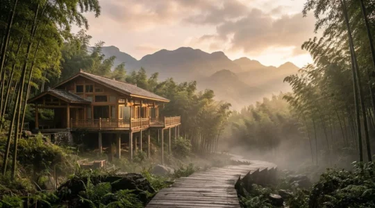 Vue panoramique d'un écolodge intégré dans la forêt de bambous du Yunnan au lever du soleil