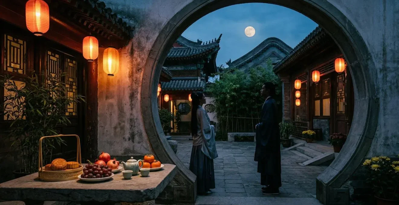 Scène nocturne traditionnelle chinoise avec lanterne rouge et table d'offrandes sous la pleine lune