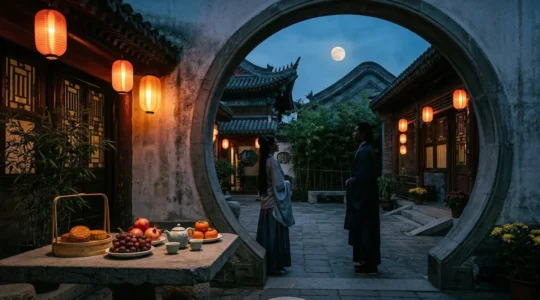 Scène nocturne traditionnelle chinoise avec lanterne rouge et table d'offrandes sous la pleine lune