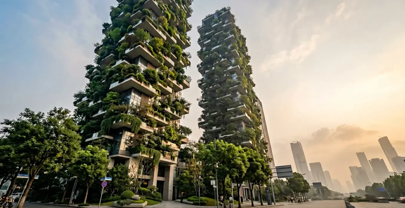 Vue spectaculaire des tours végétalisées de Nanjing avec façades verdoyantes filtrant l'air ambiant