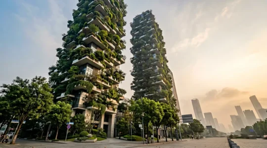 Vue spectaculaire des tours végétalisées de Nanjing avec façades verdoyantes filtrant l'air ambiant