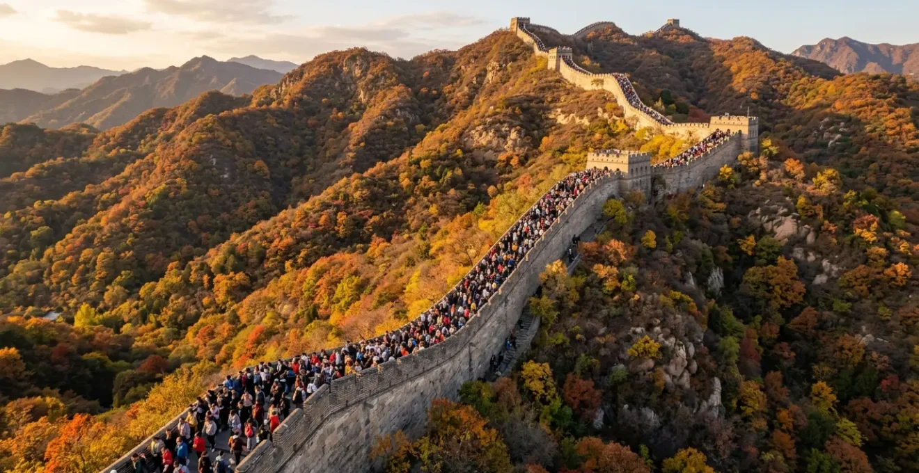 Foule dense de touristes sur la Grande Muraille de Chine pendant la Golden Week d'octobre
