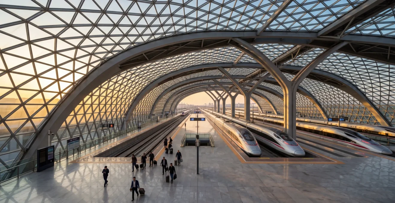 Vue panoramique d'une gare ferroviaire moderne en Chine avec des trains à grande vitesse et des voyageurs