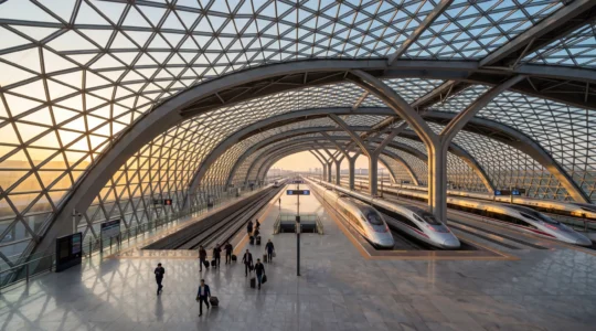 Vue panoramique d'une gare ferroviaire moderne en Chine avec des trains à grande vitesse et des voyageurs