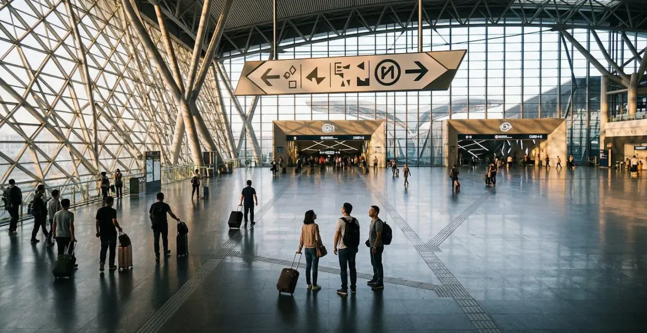 Voyageurs avec valises dans une gare moderne chinoise observant les panneaux indicateurs vers le métro