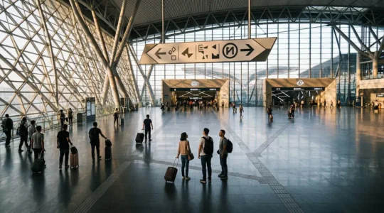 Voyageurs avec valises dans une gare moderne chinoise observant les panneaux indicateurs vers le métro