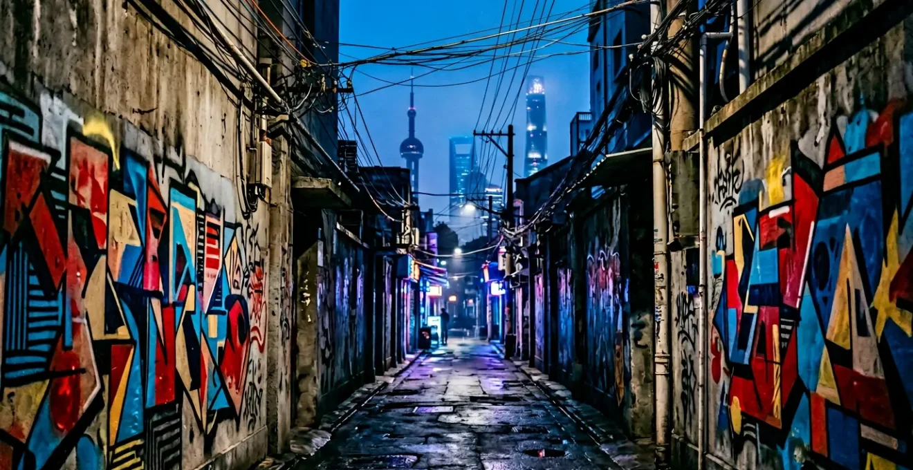 Vue nocturne d'une ruelle de Shanghai avec murs couverts de graffitis luminescents sous éclairage LED cyberpunk
