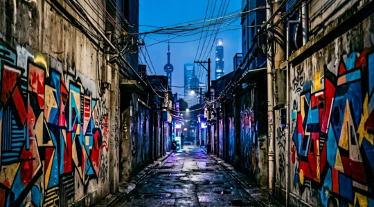 Vue nocturne d'une ruelle de Shanghai avec murs couverts de graffitis luminescents sous éclairage LED cyberpunk