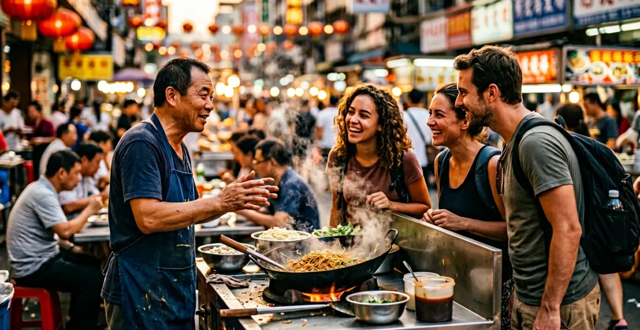 Guide touristique avec un groupe de voyageurs découvrant un marché de rue nocturne animé en Chine, avec des vapeurs de wok et des lanternes rouges