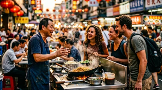 Guide touristique avec un groupe de voyageurs découvrant un marché de rue nocturne animé en Chine, avec des vapeurs de wok et des lanternes rouges