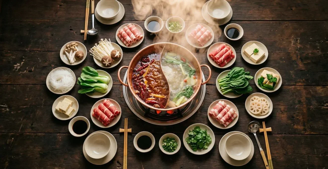 Table de hot pot du Sichuan avec vapeur montante et ambiance chaleureuse