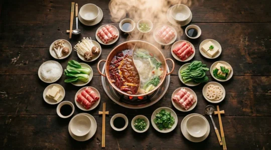 Table de hot pot du Sichuan avec vapeur montante et ambiance chaleureuse