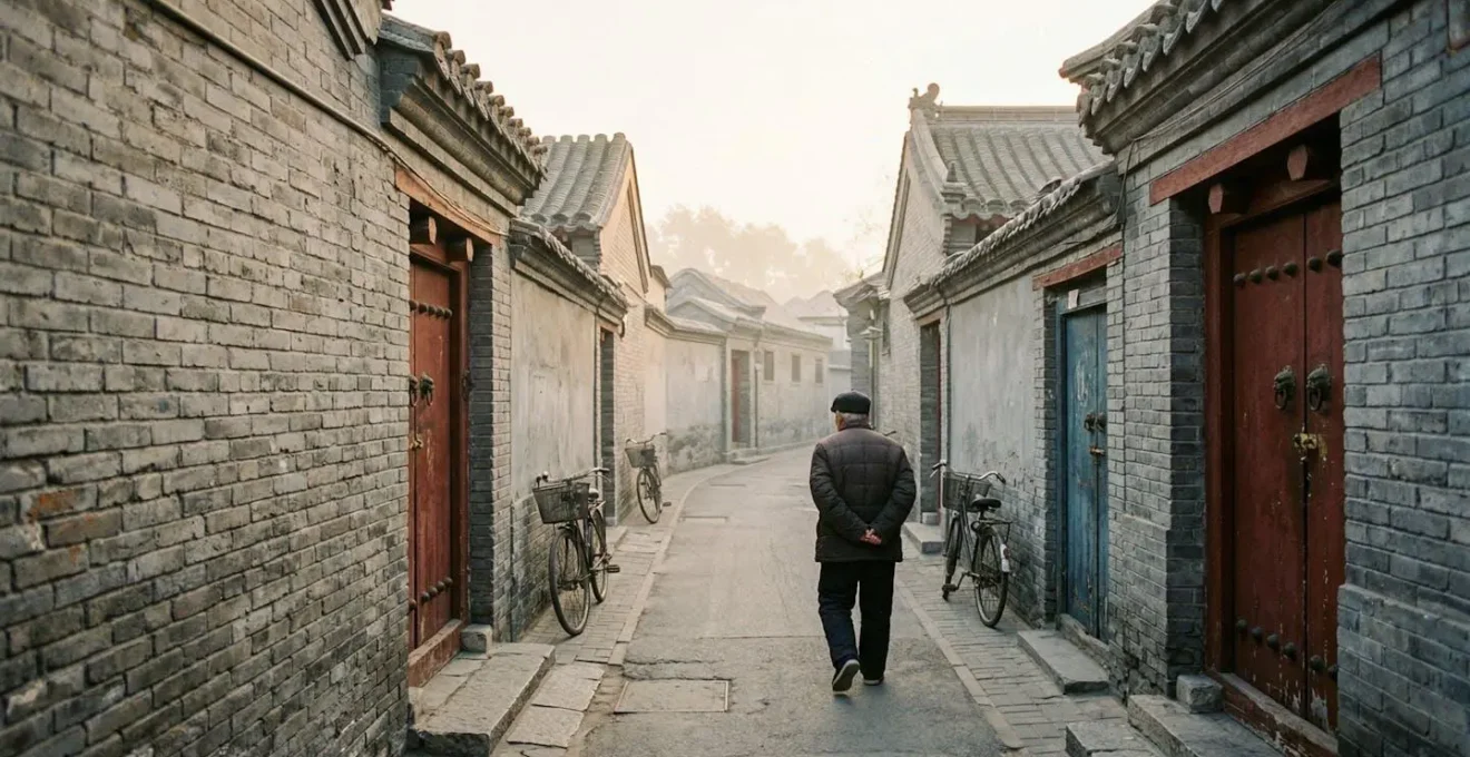 Vue immersive d'une ruelle traditionnelle des Hutongs de Pékin avec ses murs gris, ses vélos et l'architecture typique