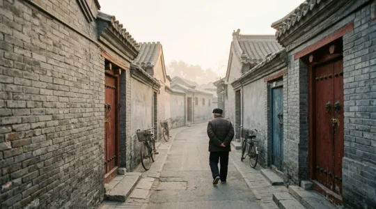 Vue immersive d'une ruelle traditionnelle des Hutongs de Pékin avec ses murs gris, ses vélos et l'architecture typique