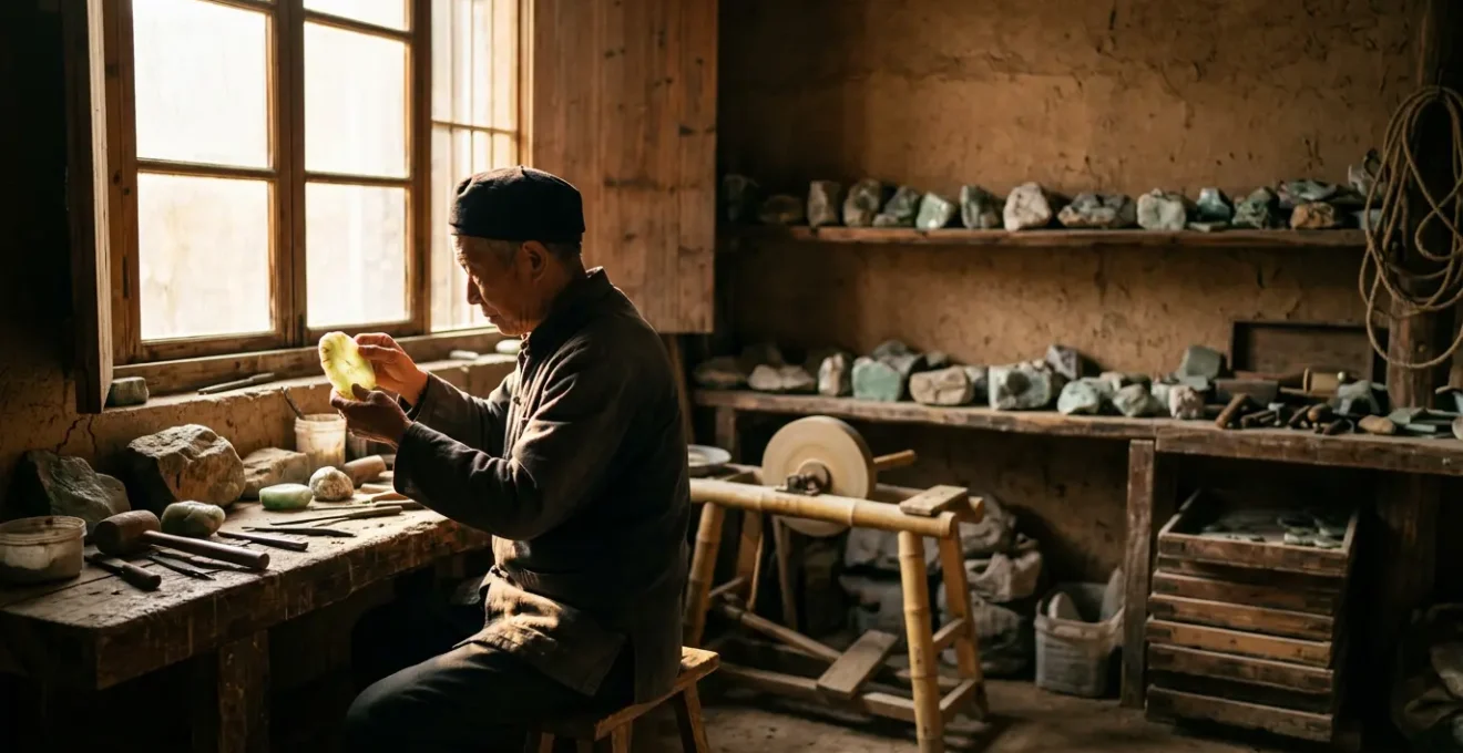 Artisan chinois examinant une pierre de jade véritable à la lumière naturelle dans un atelier traditionnel