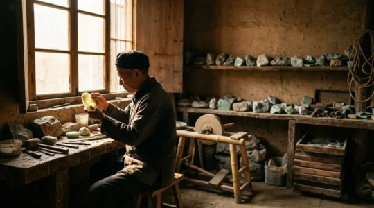 Artisan chinois examinant une pierre de jade véritable à la lumière naturelle dans un atelier traditionnel