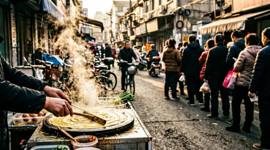 Préparation d'un jianbing croustillant dans une rue animée de Chine avec file d'attente