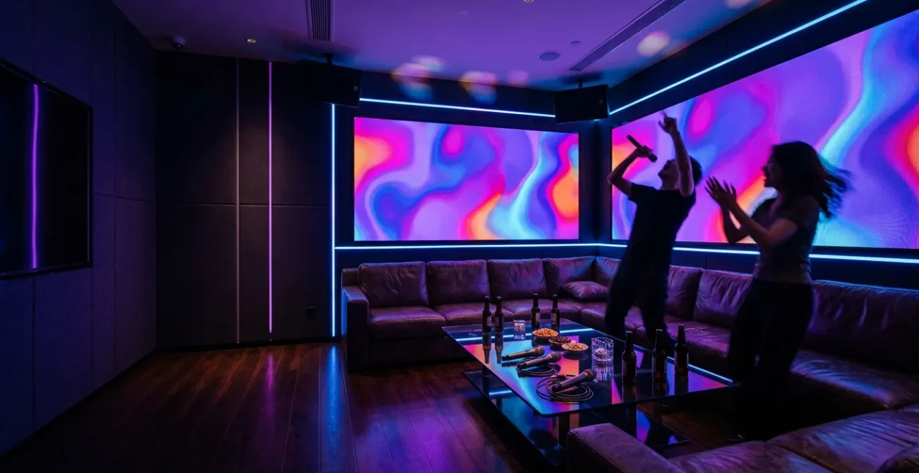 Salle privée de karaoké KTV avec éclairage néon coloré et ambiance festive chinoise