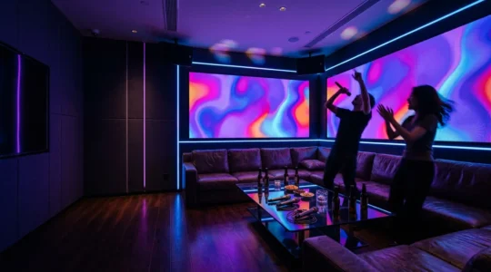 Salle privée de karaoké KTV avec éclairage néon coloré et ambiance festive chinoise