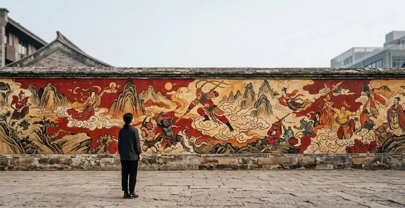 Fresque murale monumentale du Roi Singe sur un mur urbain chinois avec spectateur contemplant les détails