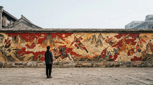 Fresque murale monumentale du Roi Singe sur un mur urbain chinois avec spectateur contemplant les détails