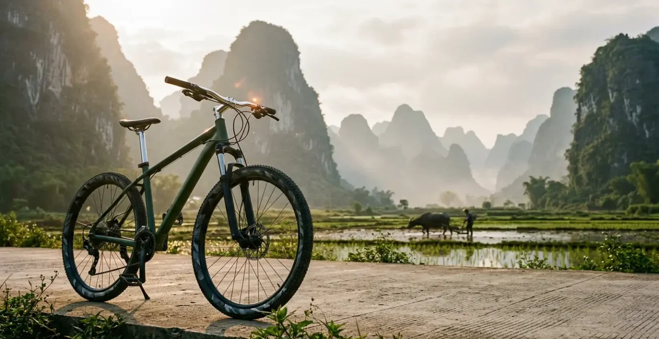 VTT devant les montagnes karstiques de Yangshuo dans la région du Guangxi en Chine