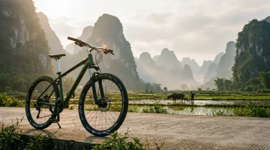 VTT devant les montagnes karstiques de Yangshuo dans la région du Guangxi en Chine